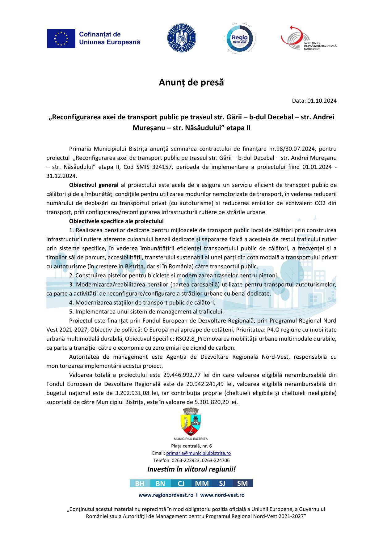 Anunț – „Reconfigurarea axei de transport public pe traseul str. Gării – b-dul Decebal – str. Andrei Mureșanu – str. Năsăudului” etapa II