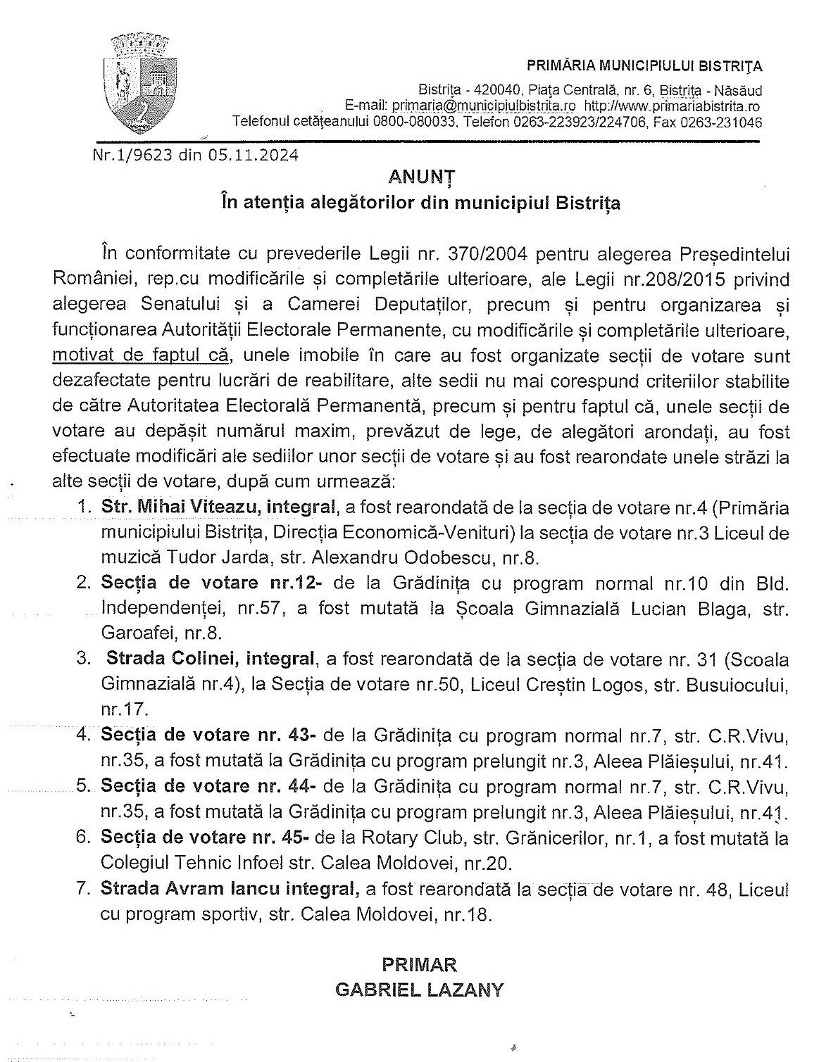 Anunț – în atenția alegătorilor din Municipiul Bistrița