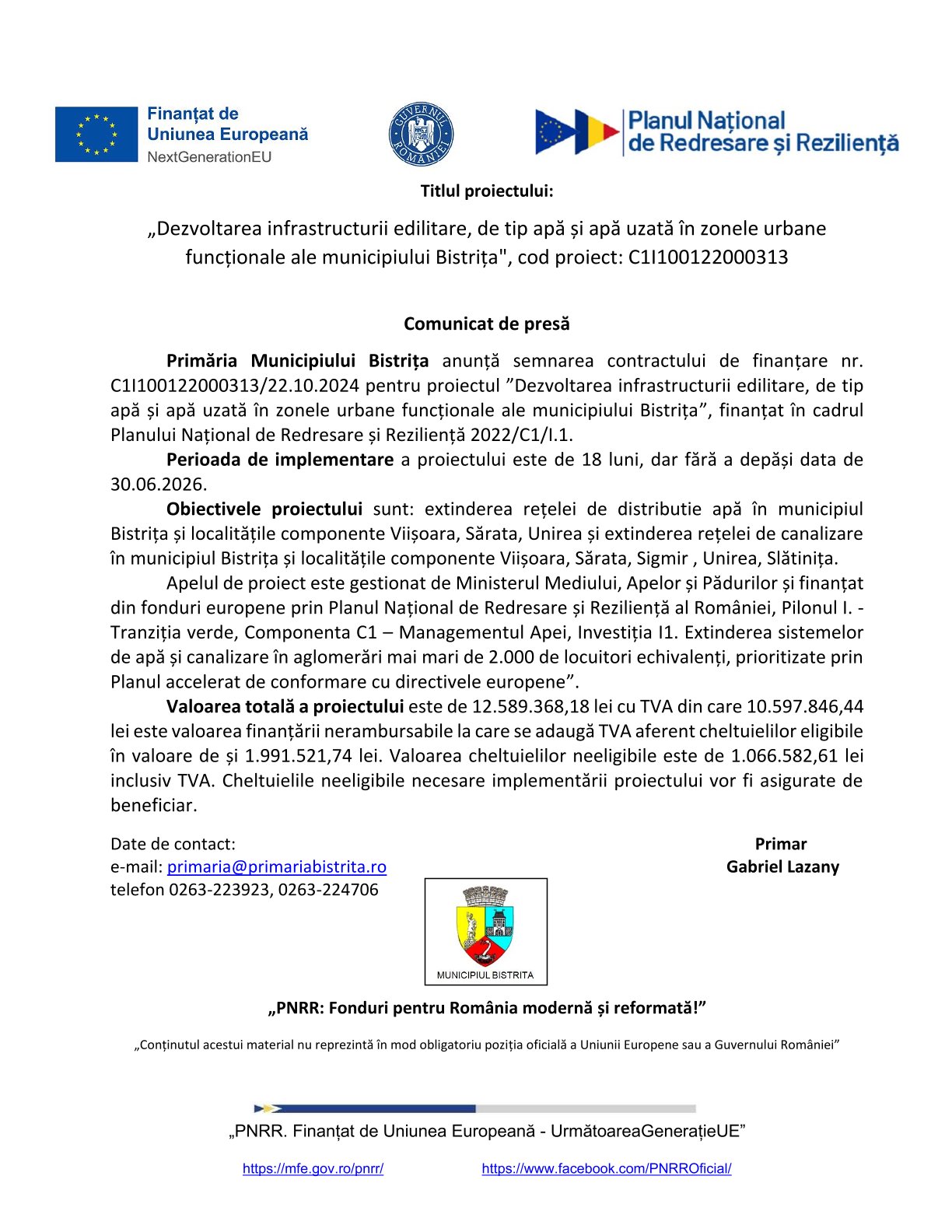 Comunicat de presă „Dezvoltarea infrastructurii edilitare, de tip apă și apă uzată în zonele urbane funcționale ale municipiului Bistrița”